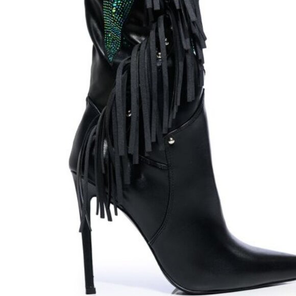 "COUNTRY WIT A LIL RUNWAY"  RHINESTONE OVER THE KNEE STILETTO BOOT /FRINGE BLACK - Picture 2 of 8
